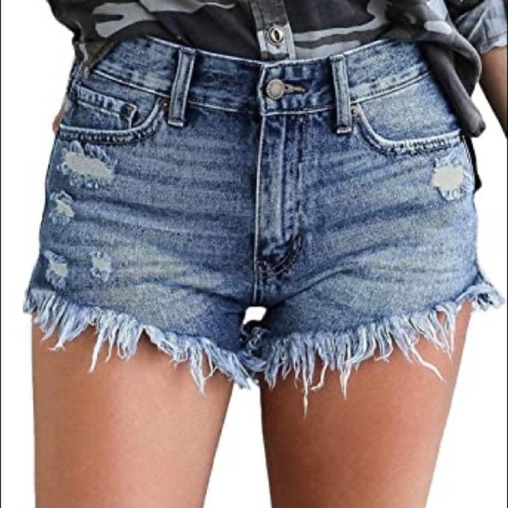 Womens Super Frayed Hem Medium Wash Denim Shorts